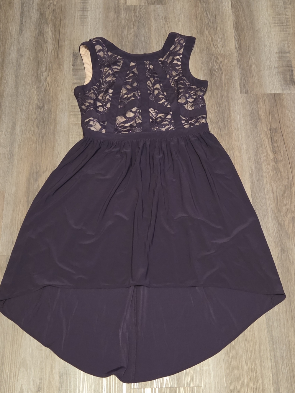 R&M Richards Plum Lace Bodice High-Low Dress